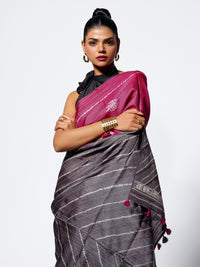 Twilight Bloom - Wine Pink Tussar Kantha Shibori Handloom Saree
