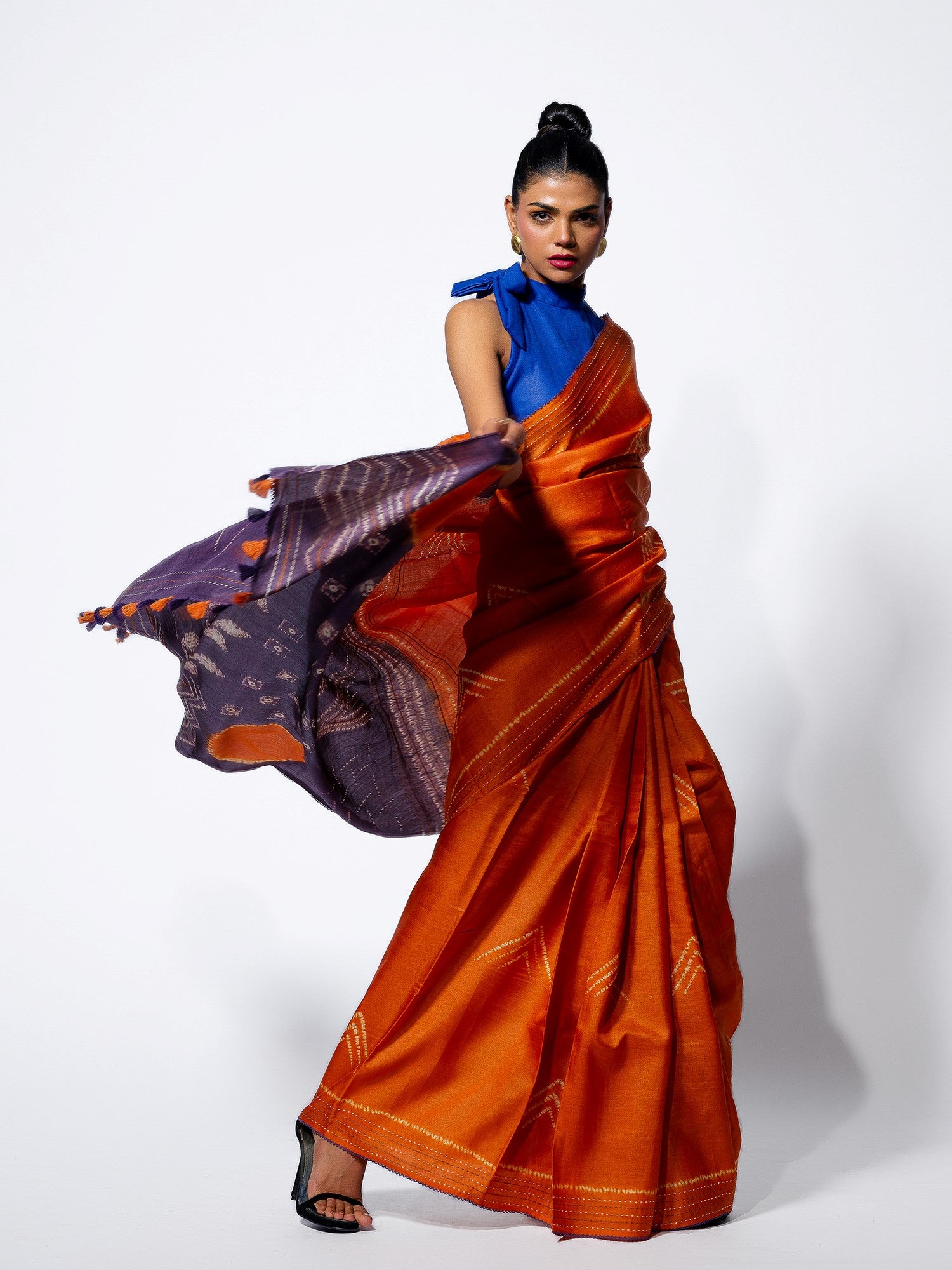 Rising Flame - Burnt Orange Tussar Kantha Shibori Handloom Saree