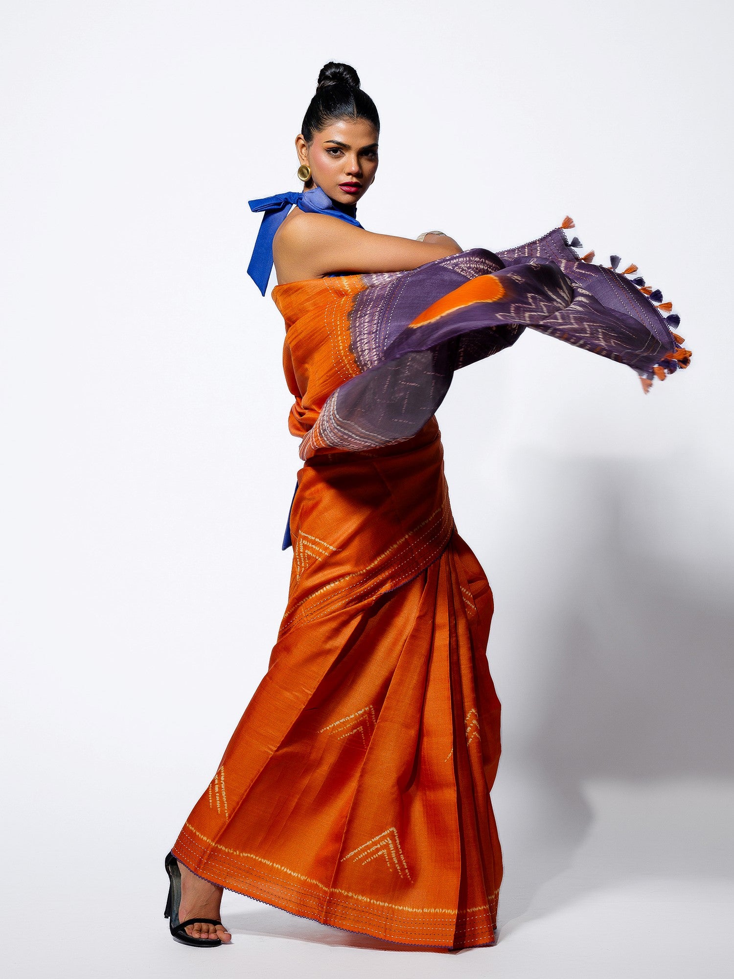 Rising Flame - Burnt Orange Tussar Kantha Shibori Handloom Saree