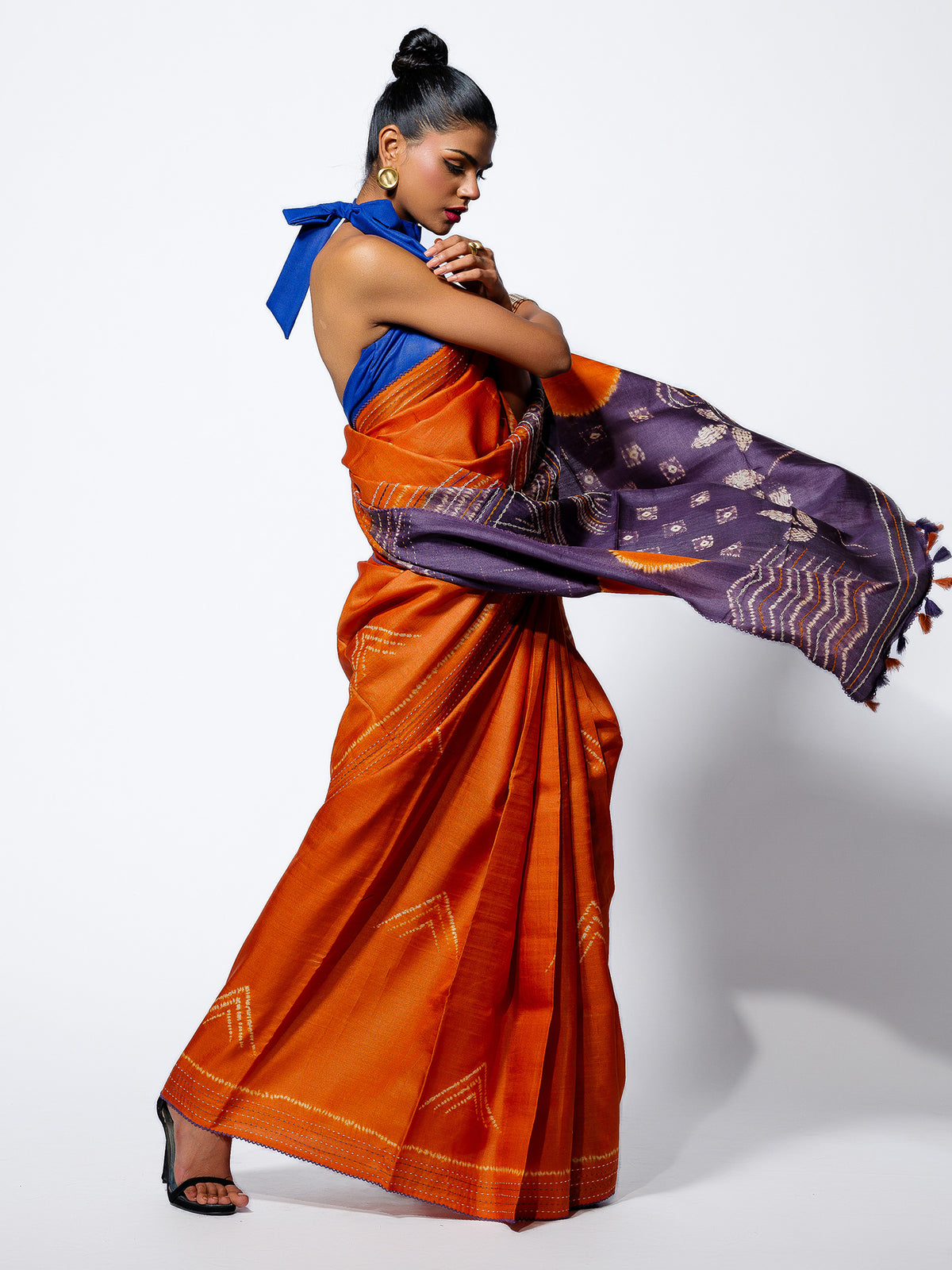 Rising Flame - Burnt Orange Tussar Kantha Shibori Handloom Saree