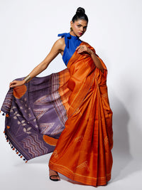 Rising Flame - Burnt Orange Tussar Kantha Shibori Handloom Saree