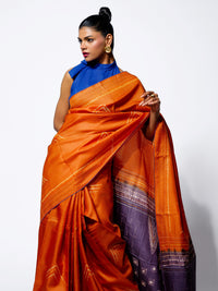 Rising Flame - Burnt Orange Tussar Kantha Shibori Handloom Saree