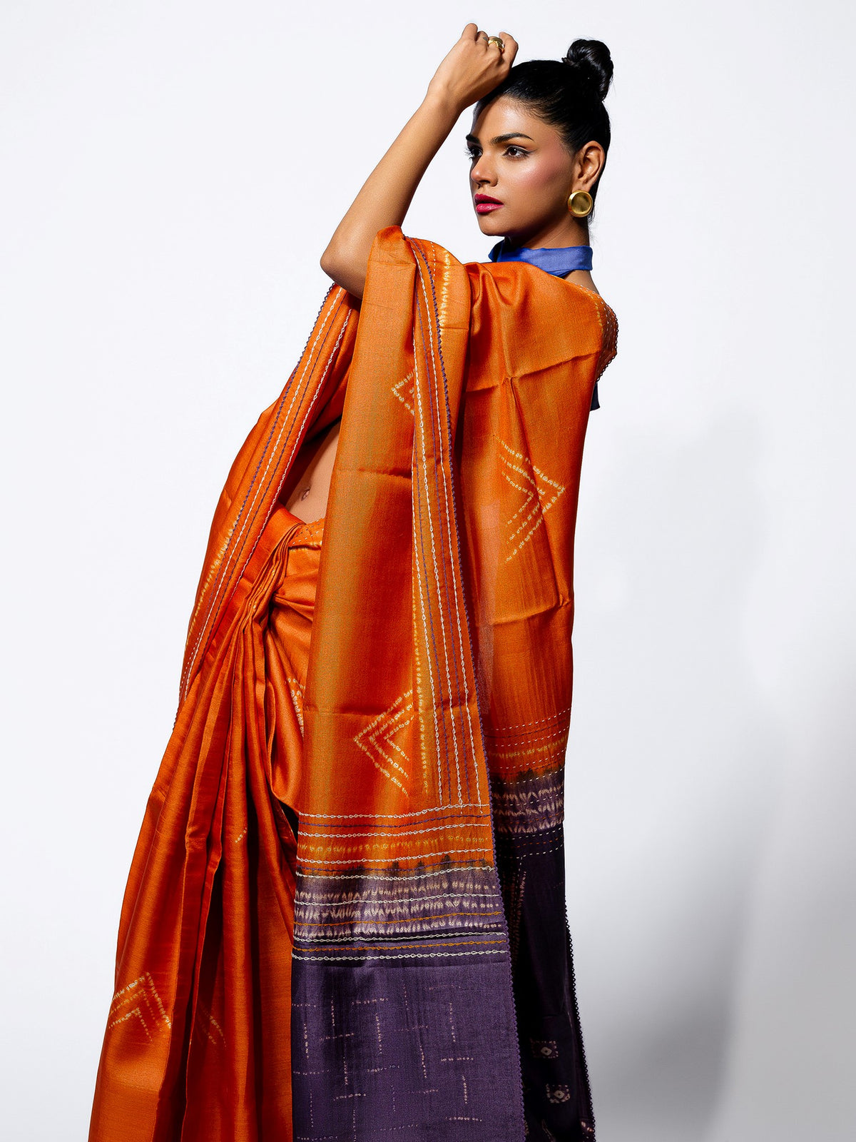 Rising Flame - Burnt Orange Tussar Kantha Shibori Handloom Saree