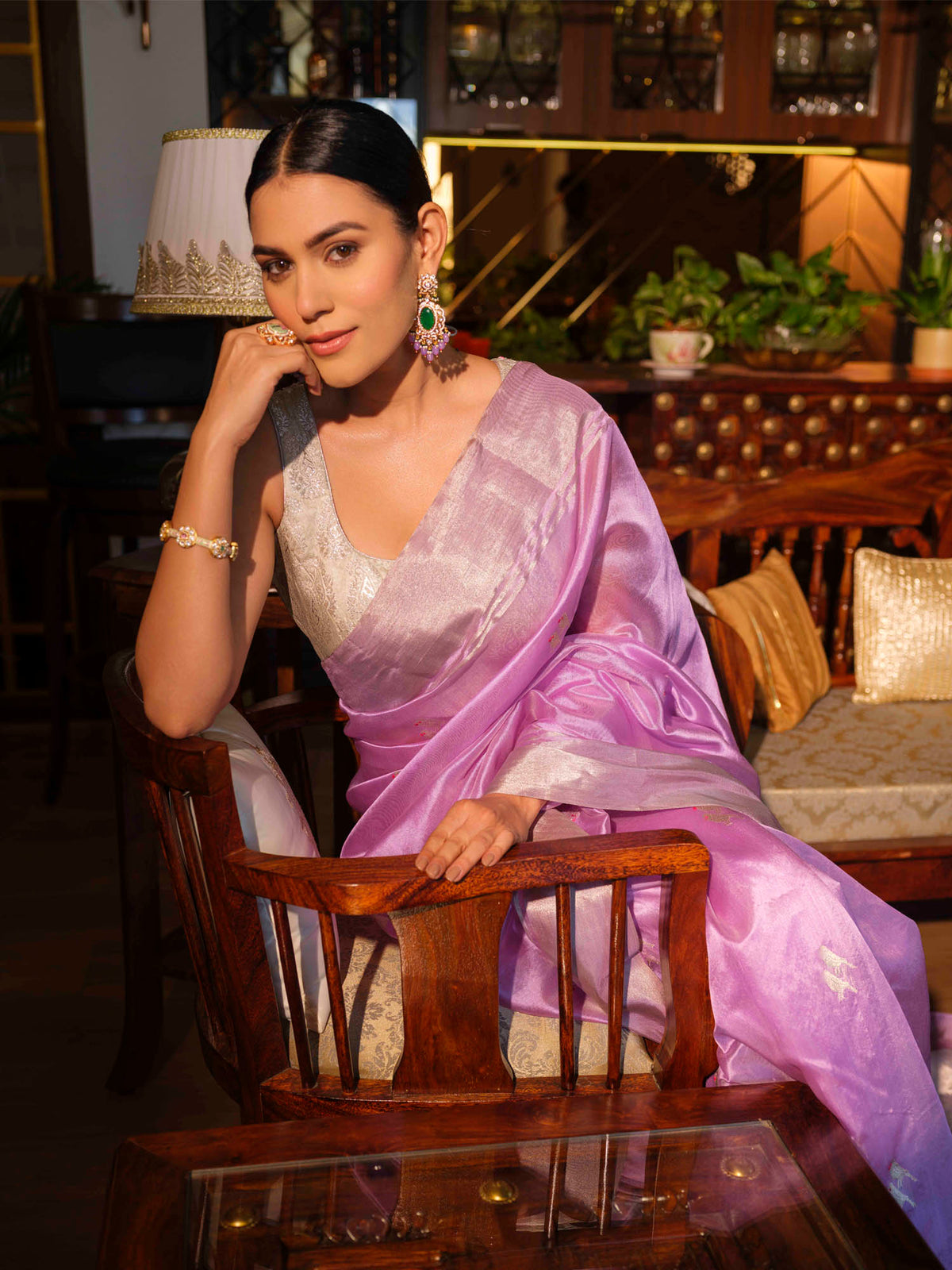 Anandi - Lavender Pattu Silk With Parrot Motif Chanderi