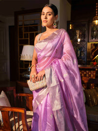 Anandi - Lavender Pattu Silk With Parrot Motif Chanderi