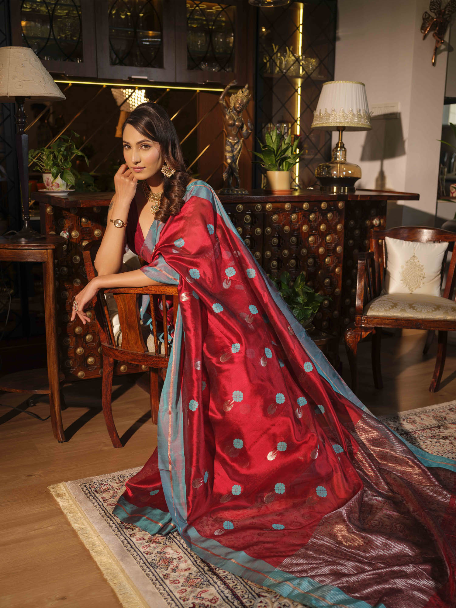 Aadya - Chanderi Pattu Silk Saree In Red & Turquoise Blue