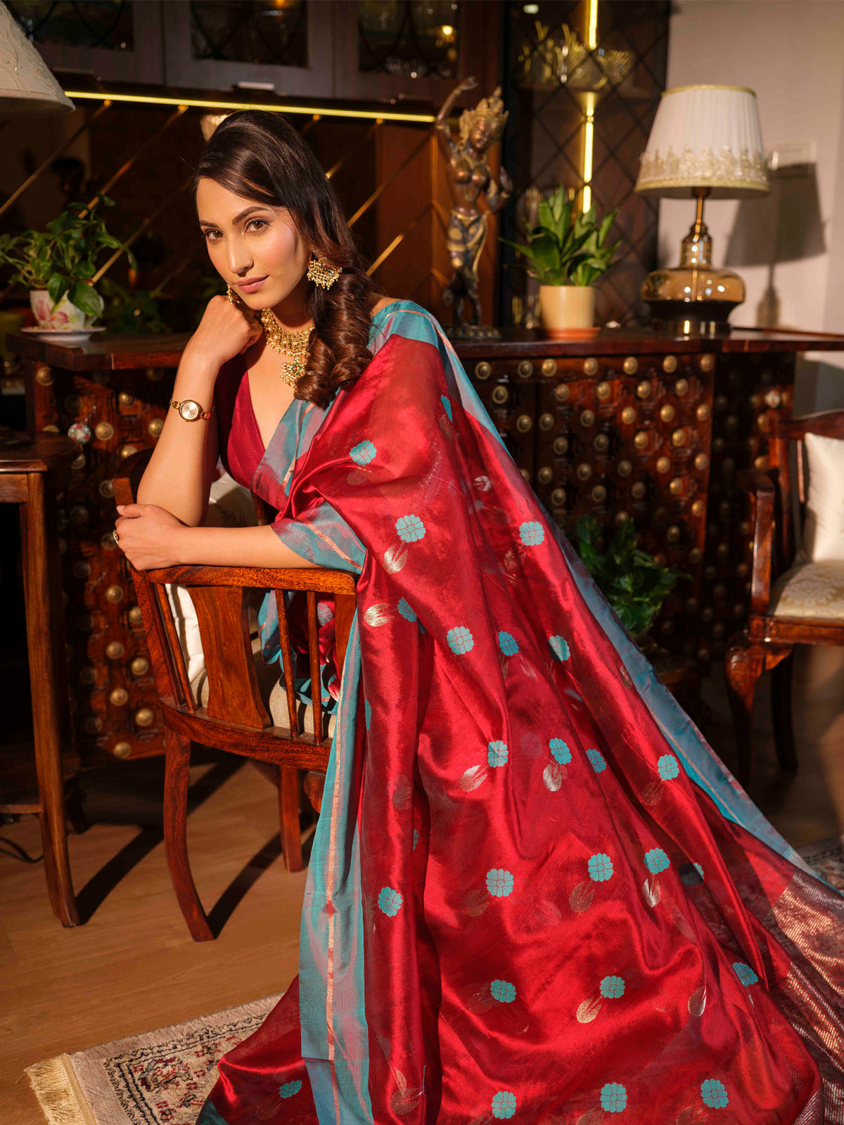 Aadya - Chanderi Pattu Silk Saree In Red & Turquoise Blue