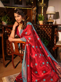 Aadya - Chanderi Pattu Silk Saree In Red & Turquoise Blue