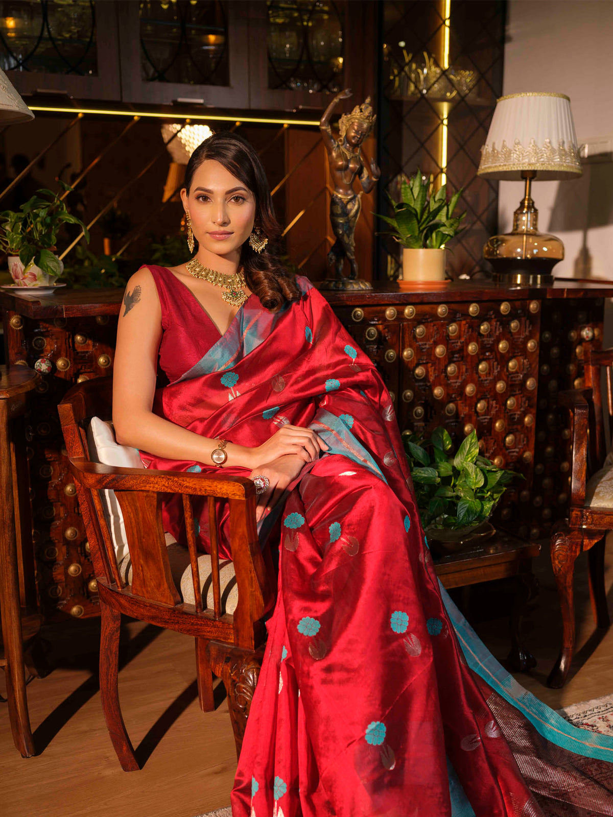 Aadya - Chanderi Pattu Silk Saree In Red & Turquoise Blue