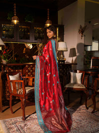 Aadya - Chanderi Pattu Silk Saree In Red & Turquoise Blue