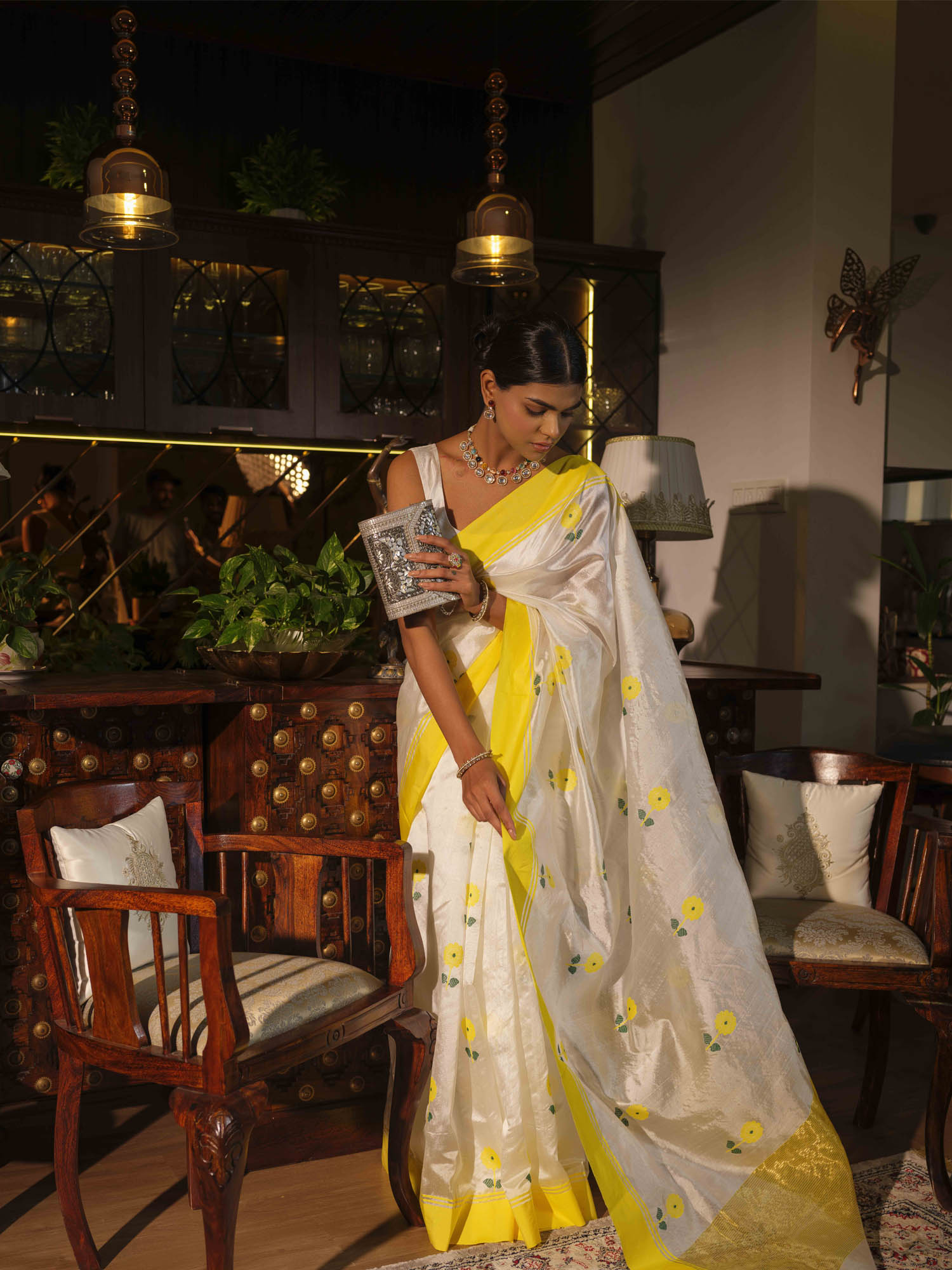 Kaushalya - White Pattu Silk Chanderi Saree with Yellow flowers