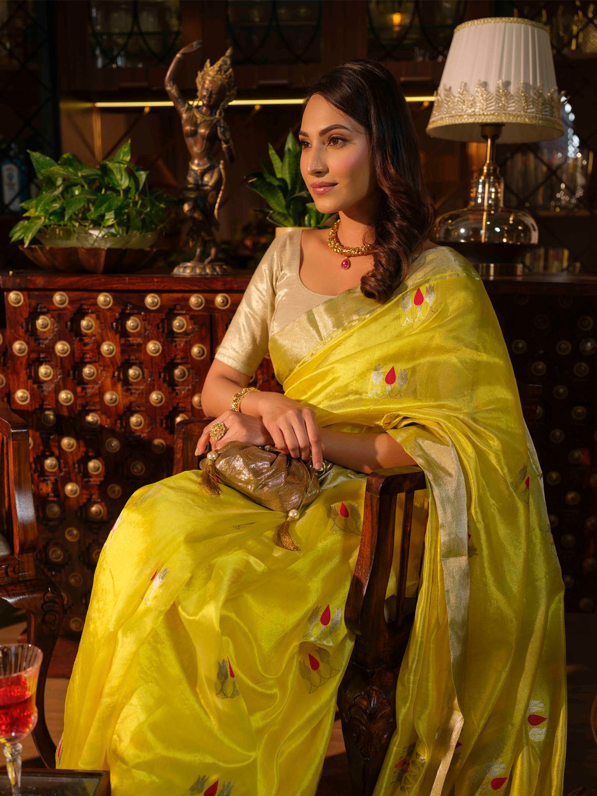 Abhaya - Bright Yellow Pattu Silk Saree with Silver Flower Buds