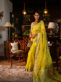 Abhaya - Bright Yellow Pattu Silk Saree with Silver Flower Buds