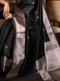 Black Maheshwari cotton silk saree with silver zari, perfect for evening events.