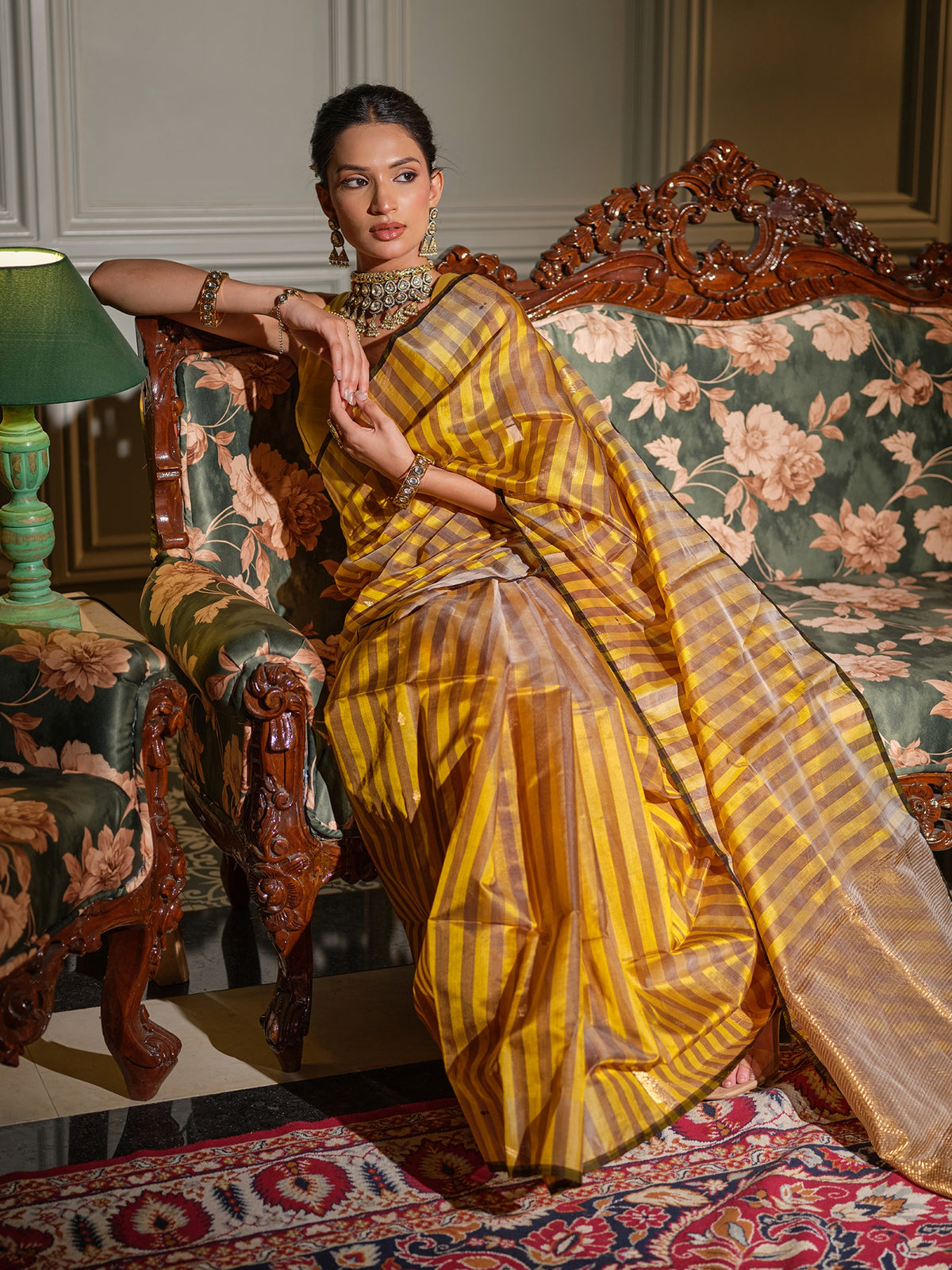 Manisha - Striped Yellow & Grey Chanderi Pattu Silk Saree