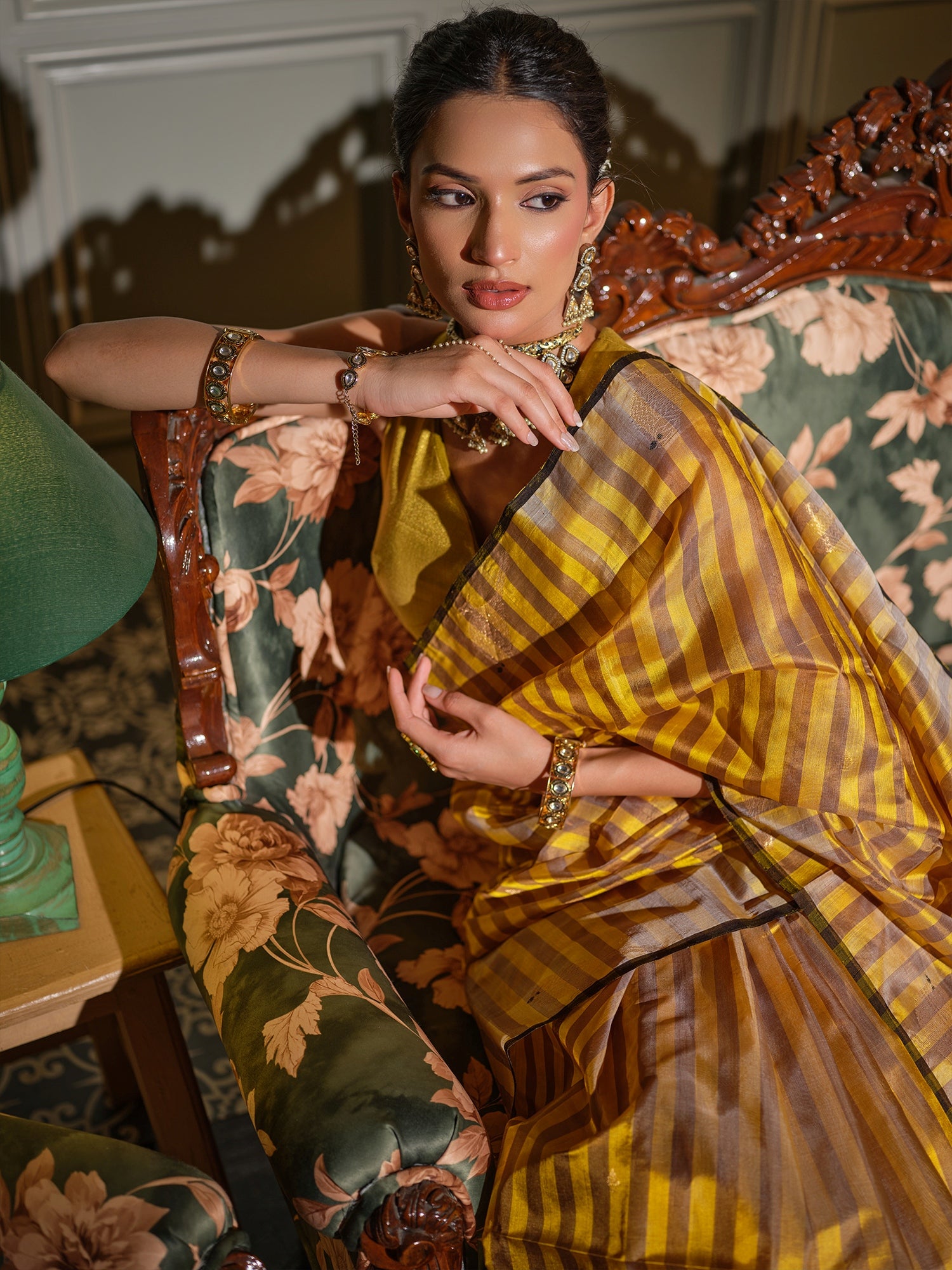Manisha - Striped Yellow & Grey Chanderi Pattu Silk Saree