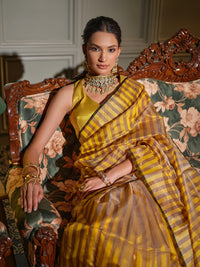 Manisha - Striped Yellow & Grey Chanderi Pattu Silk Saree