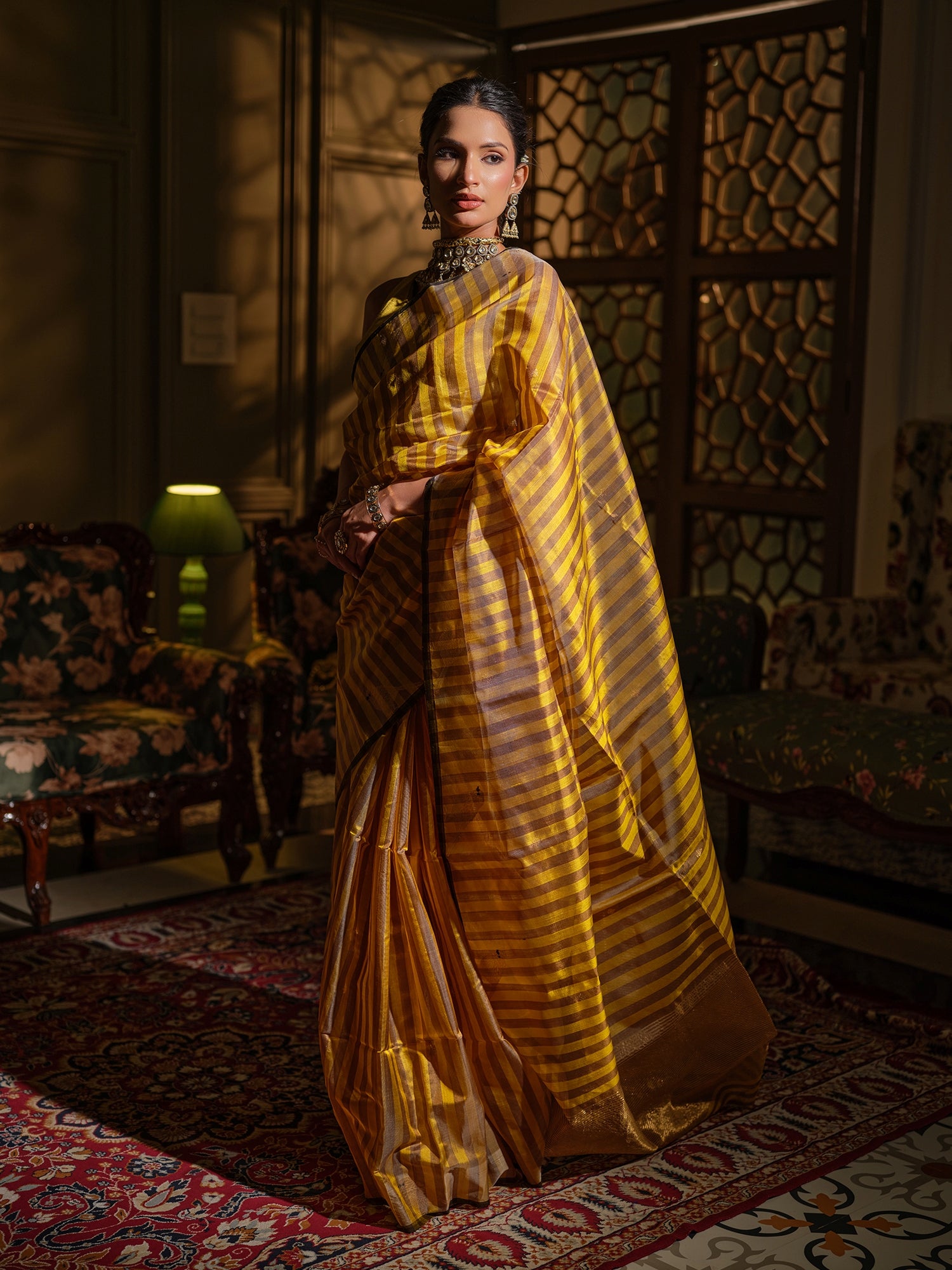 Manisha - Striped Yellow & Grey Chanderi Pattu Silk Saree
