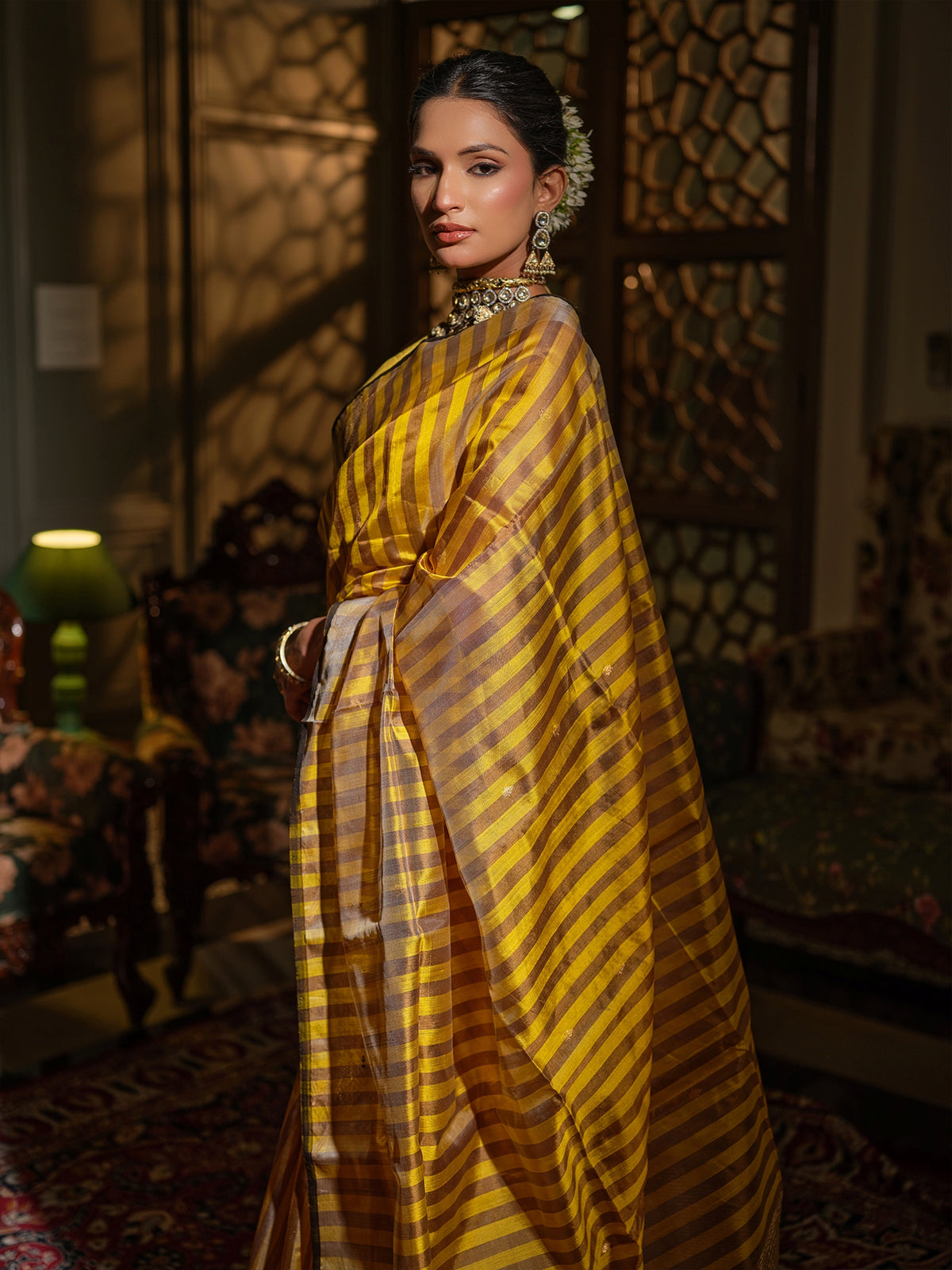 Manisha - Striped Yellow & Grey Chanderi Pattu Silk Saree
