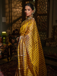 Manisha - Striped Yellow & Grey Chanderi Pattu Silk Saree
