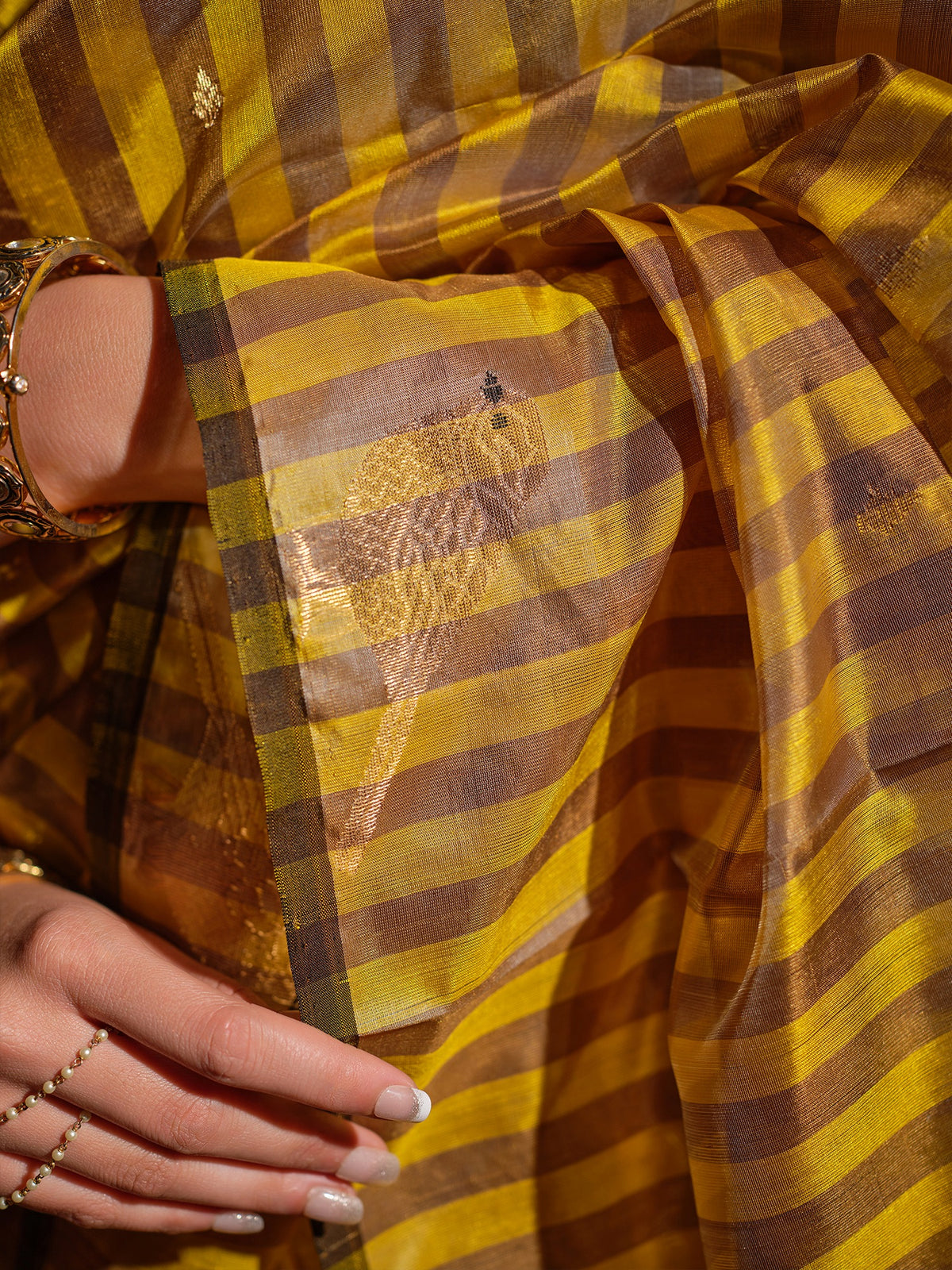 Manisha - Striped Yellow & Grey Chanderi Pattu Silk Saree