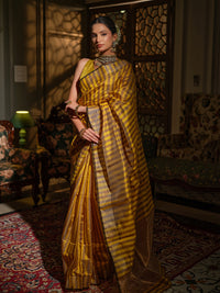 Manisha - Striped Yellow & Grey Chanderi Pattu Silk Saree