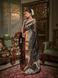 Nisha - Charcoal Black Chanderi Pattu Silk Handloom Saree