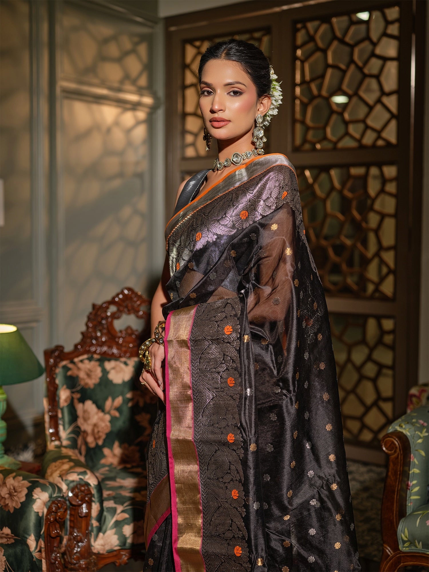 Nisha - Charcoal Black Chanderi Pattu Silk Handloom Saree