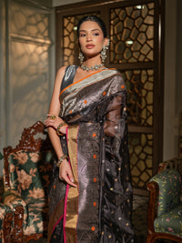 Nisha - Charcoal Black Chanderi Pattu Silk Handloom Saree