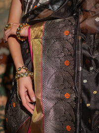 Nisha - Charcoal Black Chanderi Pattu Silk Handloom Saree