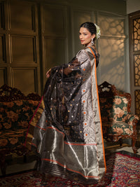 Nisha - Charcoal Black Chanderi Pattu Silk Handloom Saree