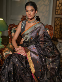 Nisha - Charcoal Black Chanderi Pattu Silk Handloom Saree