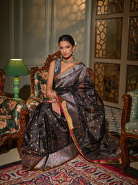 Nisha - Charcoal Black Chanderi Pattu Silk Handloom Saree