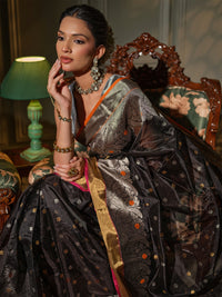Nisha - Charcoal Black Chanderi Pattu Silk Handloom Saree