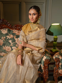Hiranmayi - Cream & Gold Chanderi Tissue Silk Handloom Saree