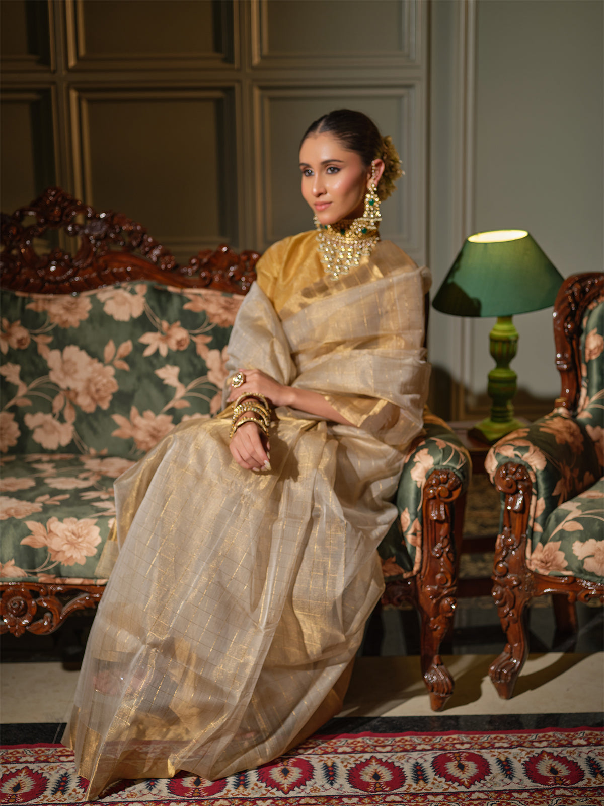 Hiranmayi - Cream & Gold Chanderi Tissue Silk Handloom Saree