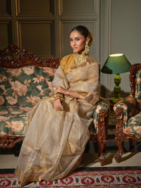 Hiranmayi - Cream & Gold Chanderi Tissue Silk Handloom Saree