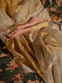 Hiranmayi - Cream & Gold Chanderi Tissue Silk Handloom Saree
