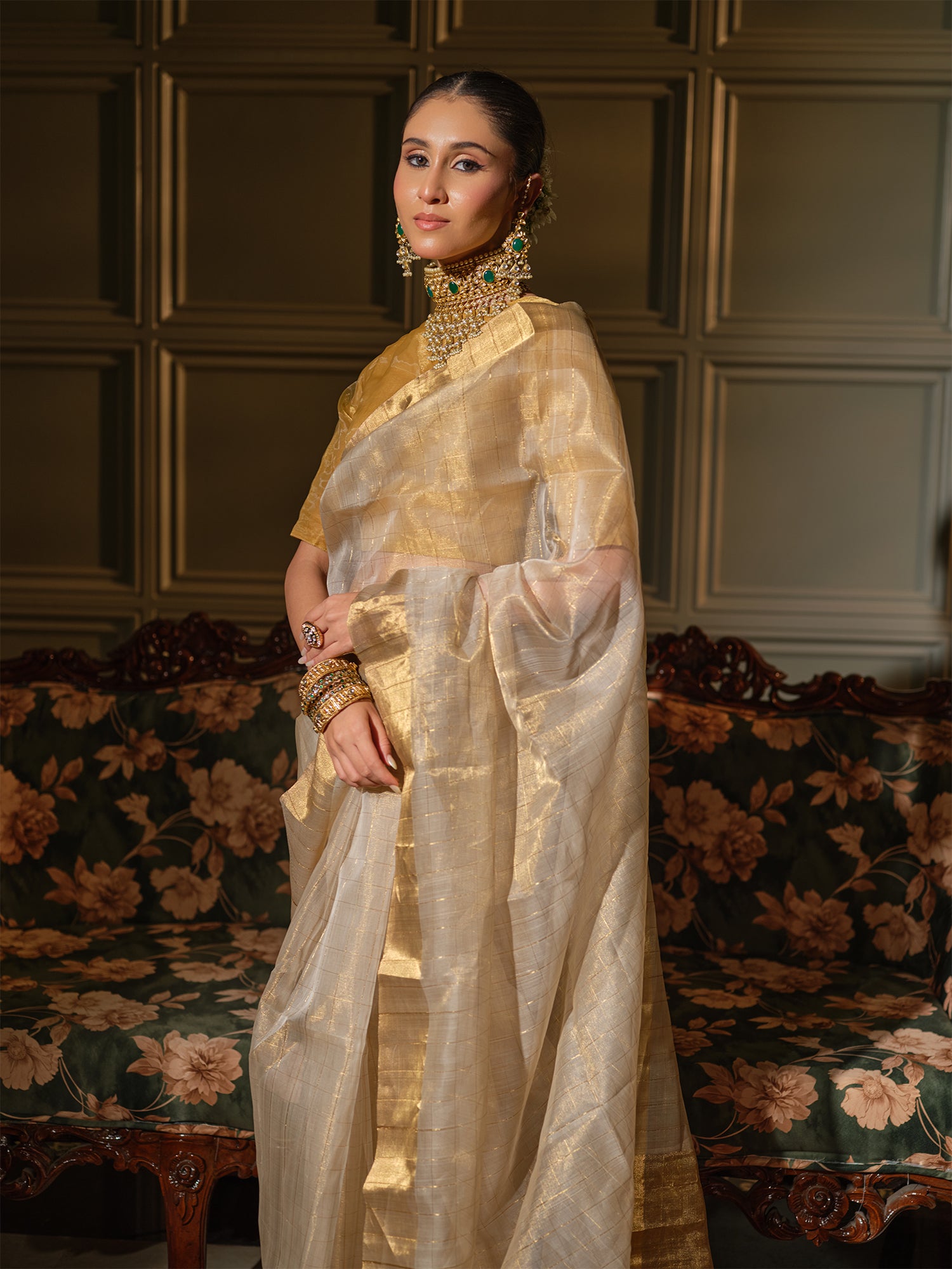 Hiranmayi - Cream & Gold Chanderi Tissue Silk Handloom Saree