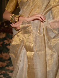 Hiranmayi - Cream & Gold Chanderi Tissue Silk Handloom Saree