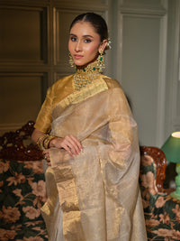 Hiranmayi - Cream & Gold Chanderi Tissue Silk Handloom Saree
