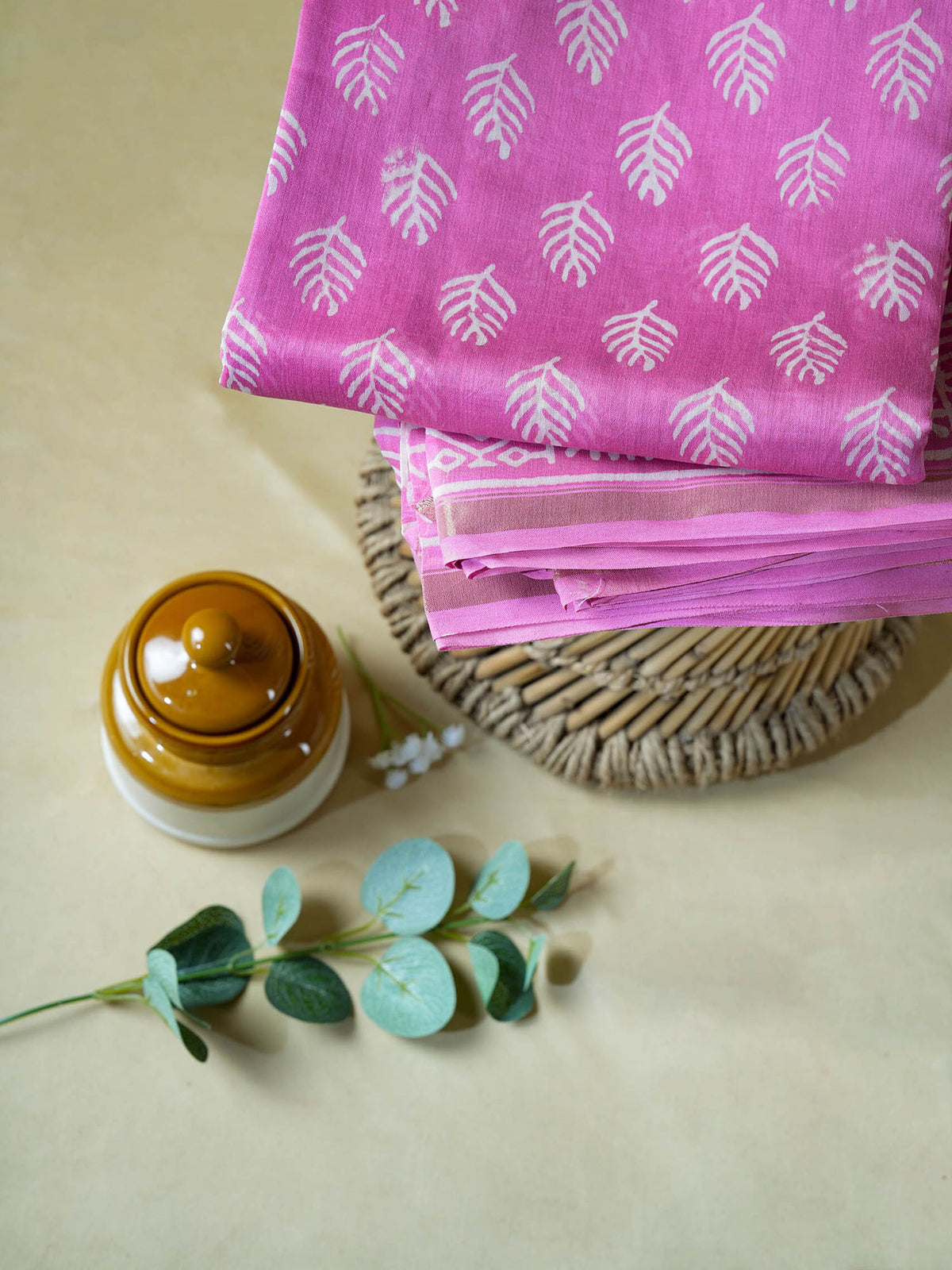 Pink Maheshwari Dabu print cotton silk saree 