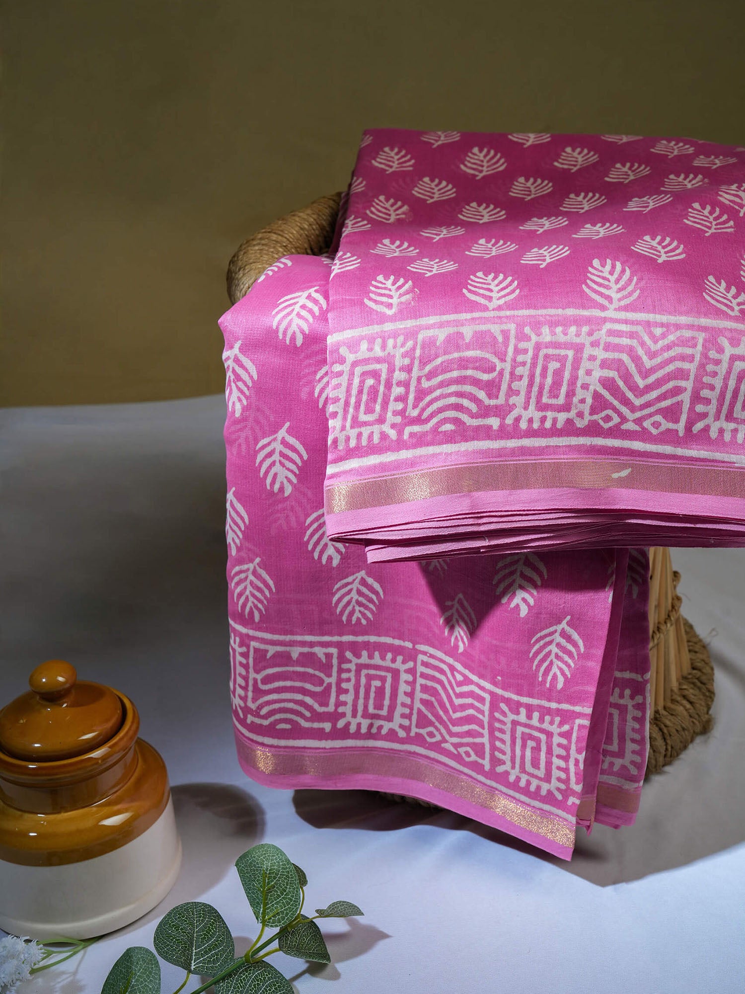 Pink Maheshwari Dabu print cotton silk saree 