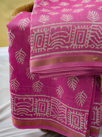 Pink Maheshwari Dabu print cotton silk saree 