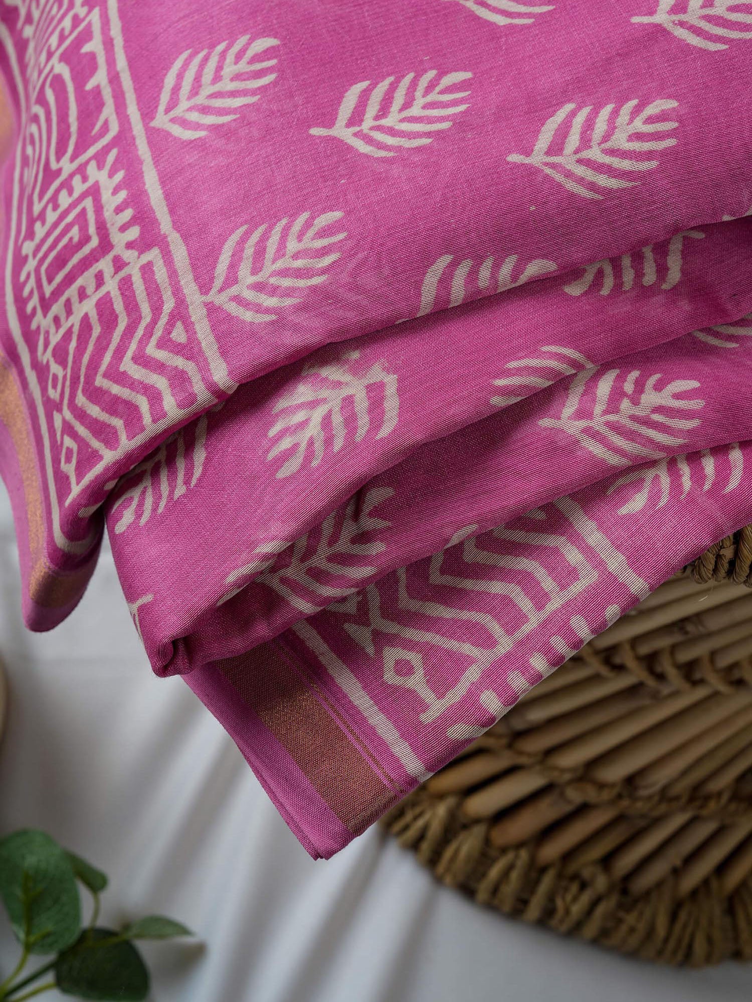 Pink Maheshwari Dabu print cotton silk saree 