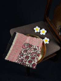 Brown and pink Maheshwari cotton silk saree with Kalamkari print.