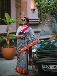 Black & white checks Maheshwari cotton silk saree