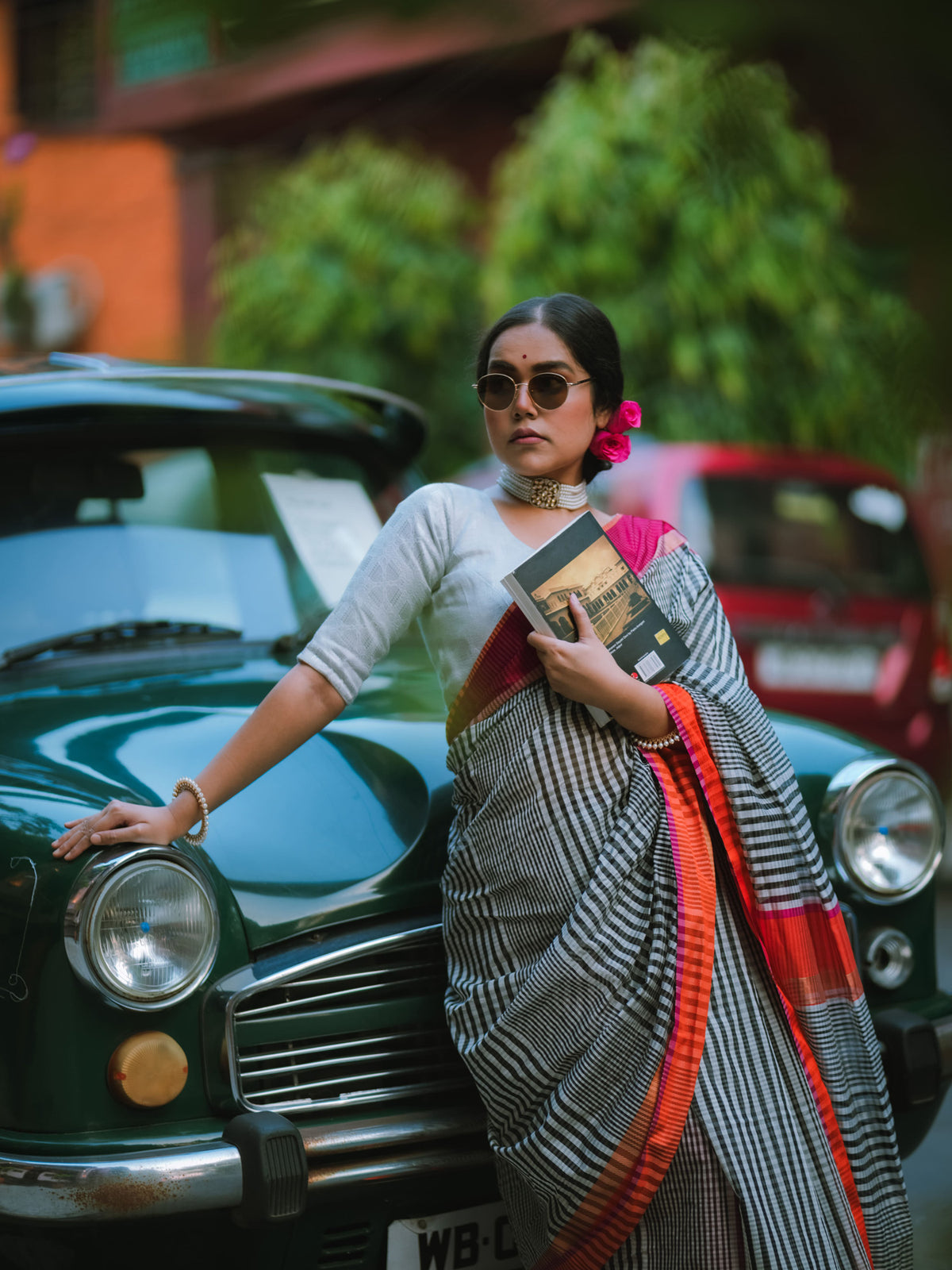 Black & white checks Maheshwari cotton silk saree