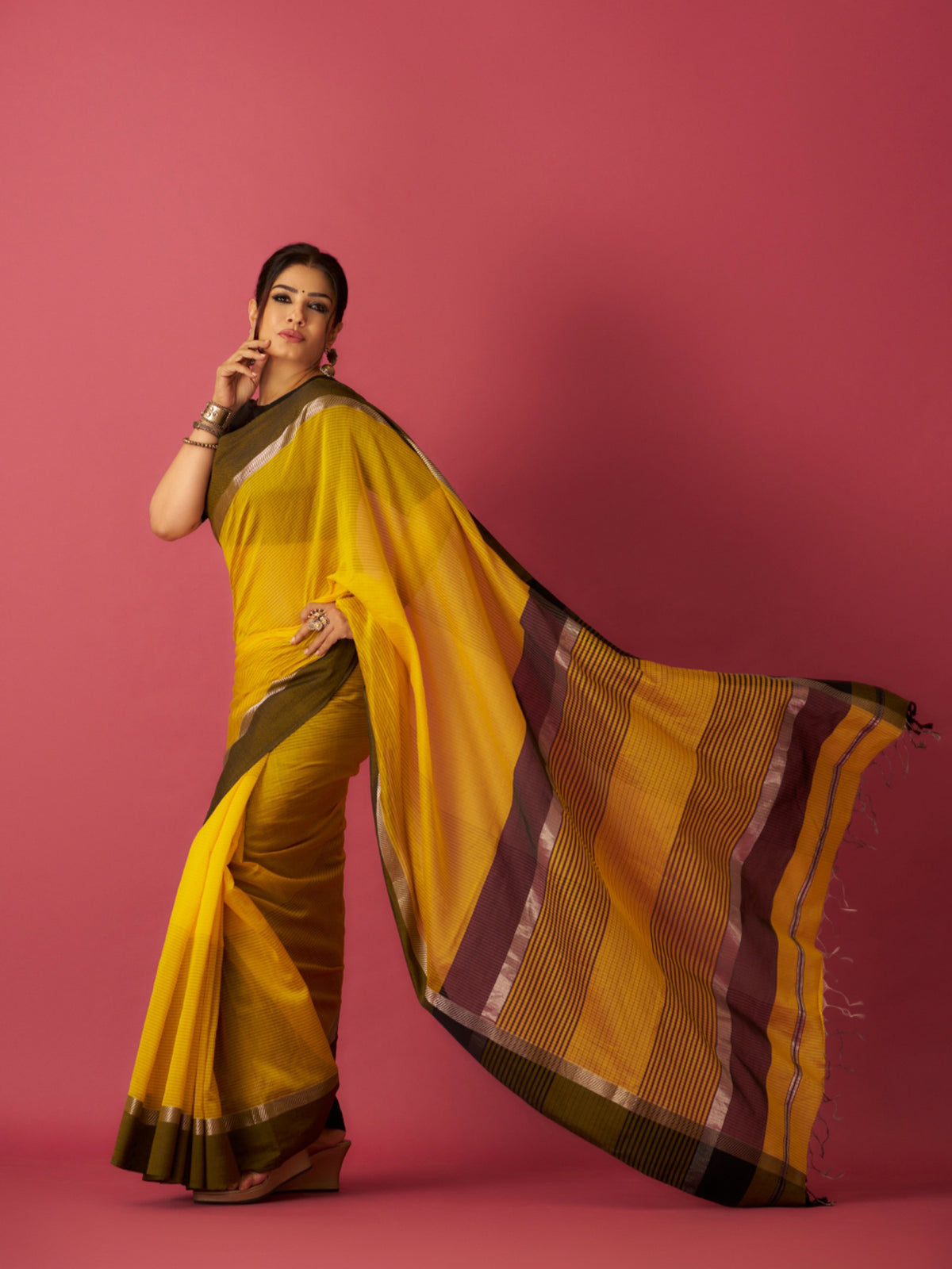 Yellow Maheshwari Cotton Silk Saree with Silver Zari