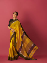 Yellow Maheshwari Cotton Silk Saree with Silver Zari